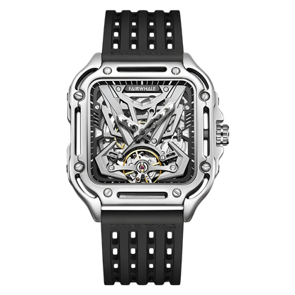 Watch with black strap and transparent case on a white background