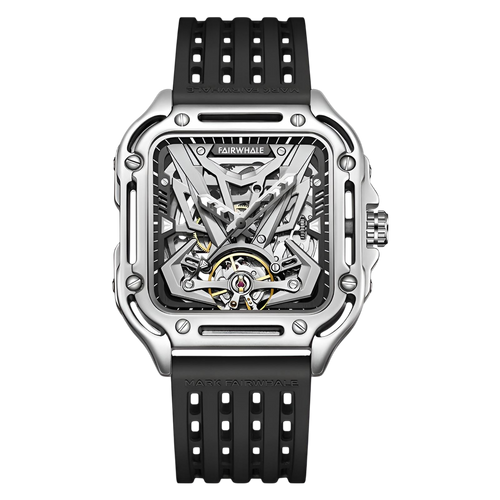 Watch with black strap and transparent case on a white background