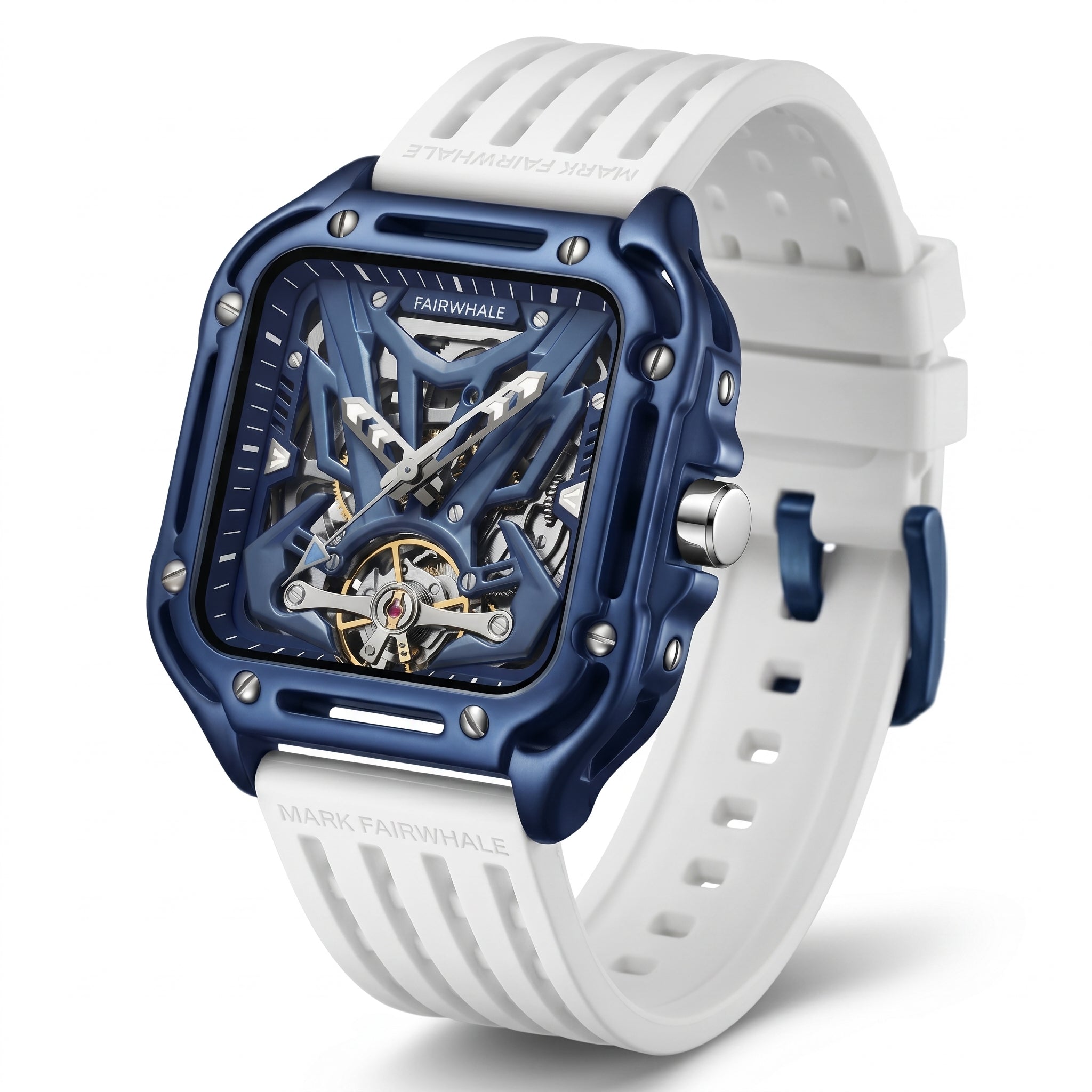 Watch with blue case and white strap on a white background