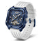 Watch with blue case and white strap on a white background