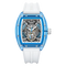 Watch with blue case and white strap on a white background