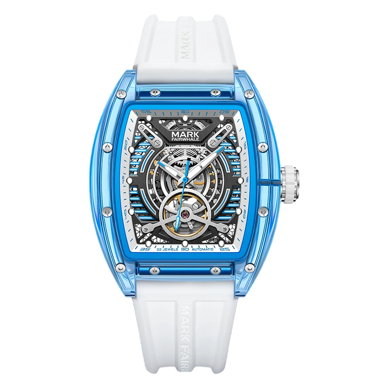 Watch with blue case and white strap on a white background