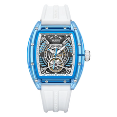 Watch with blue case and white strap on a white background