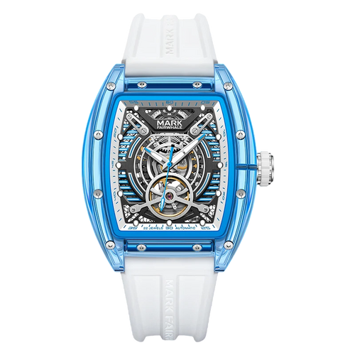 Watch with blue case and white strap on a white background