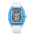 Watch with blue case and white strap on a white background