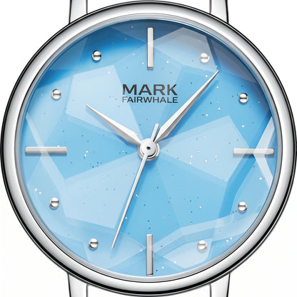 Watch with blue face and silver case on a white background