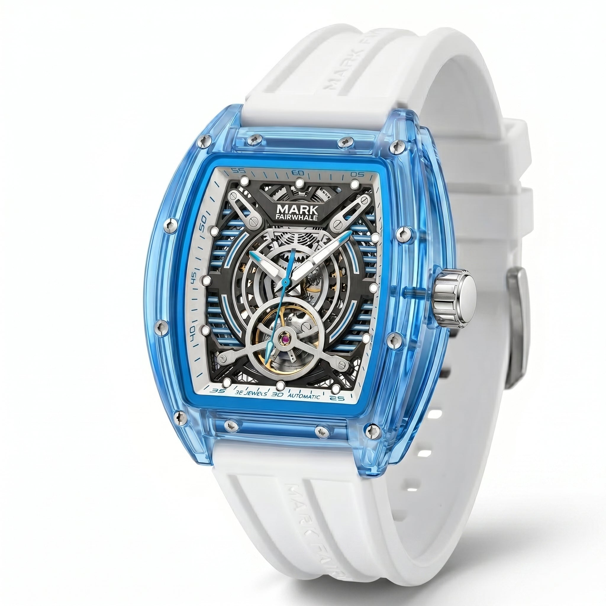 Watch with blue transparent case and white strap on a white background