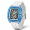 Watch with blue transparent case and white strap on a white background