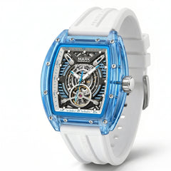 Watch with blue transparent case and white strap on a white background
