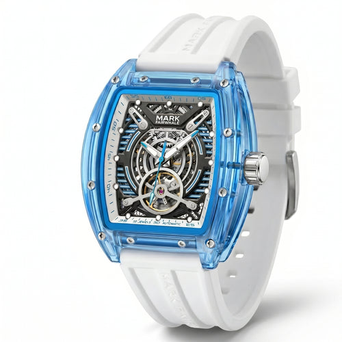 Watch with blue transparent case and white strap on a white background