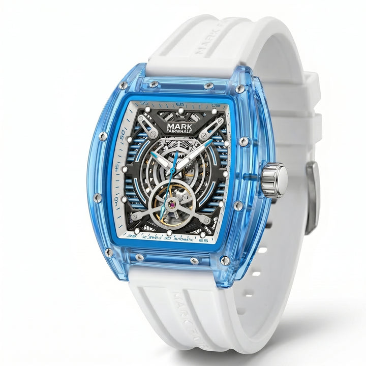 Watch with blue transparent case and white strap on a white background