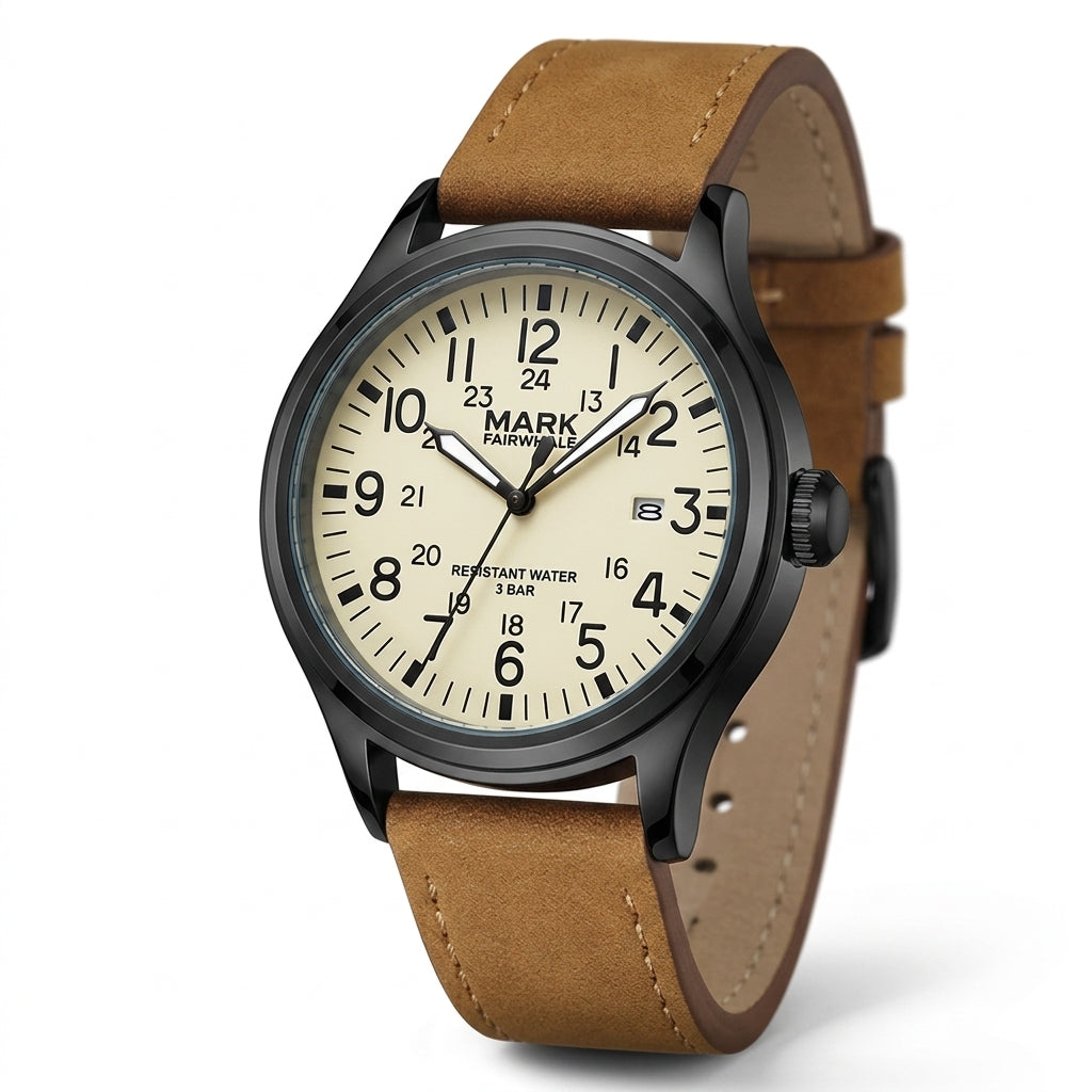 Watch with brown leather strap and beige dial on a white background
