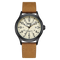 Watch with brown leather strap and beige dial on a white background