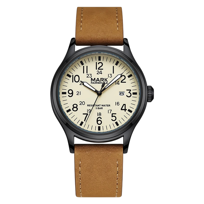Watch with brown leather strap and beige dial on a white background