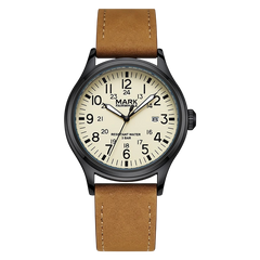 Watch with brown leather strap and beige dial on a white background