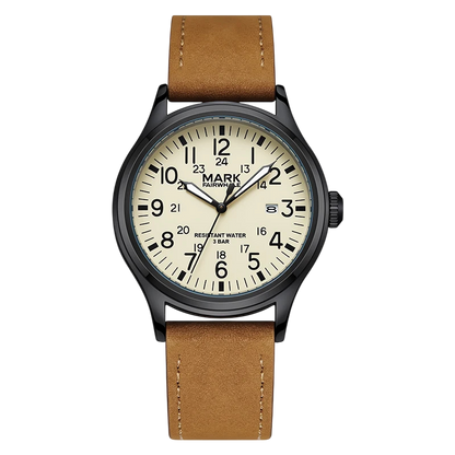 Watch with brown leather strap and beige dial on a white background