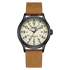 Watch with brown leather strap and beige dial on a white background