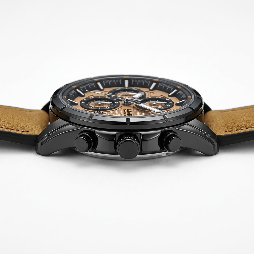 Watch with brown leather strap and black case on a white background