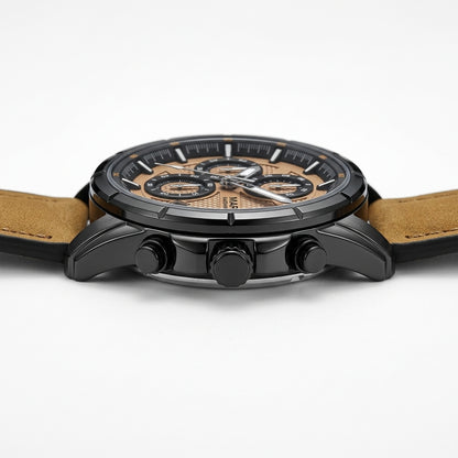 Watch with brown leather strap and black case on a white background