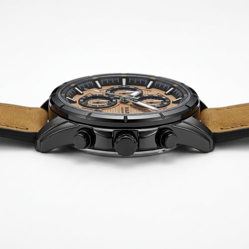 Watch with brown leather strap and black case on a white background