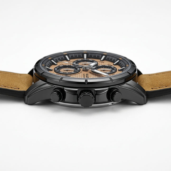 Watch with brown leather strap and black case on a white background