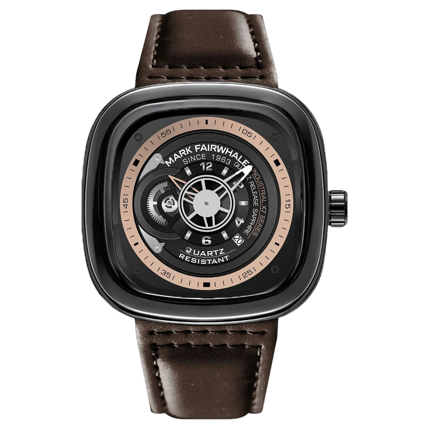 Watch with brown leather strap and black dial on a white background