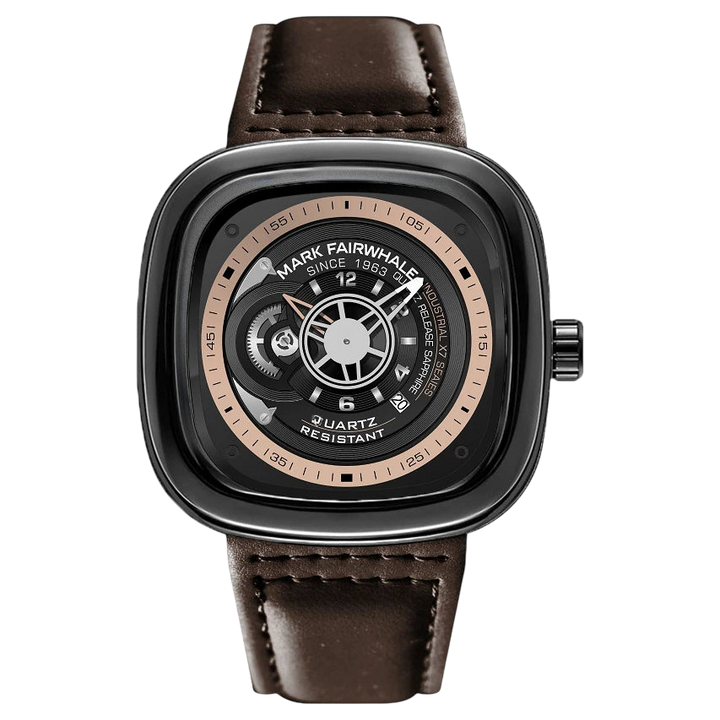 Watch with brown leather strap and black dial on a white background