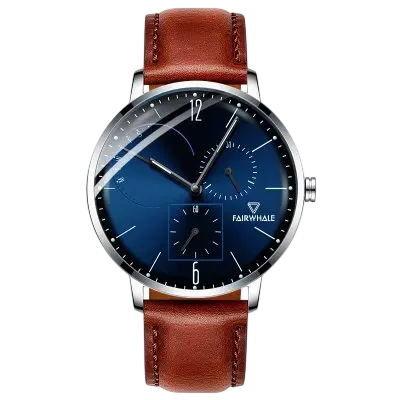Watch with brown leather strap and blue dial on a white background