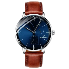 Watch with brown leather strap and blue dial on a white background