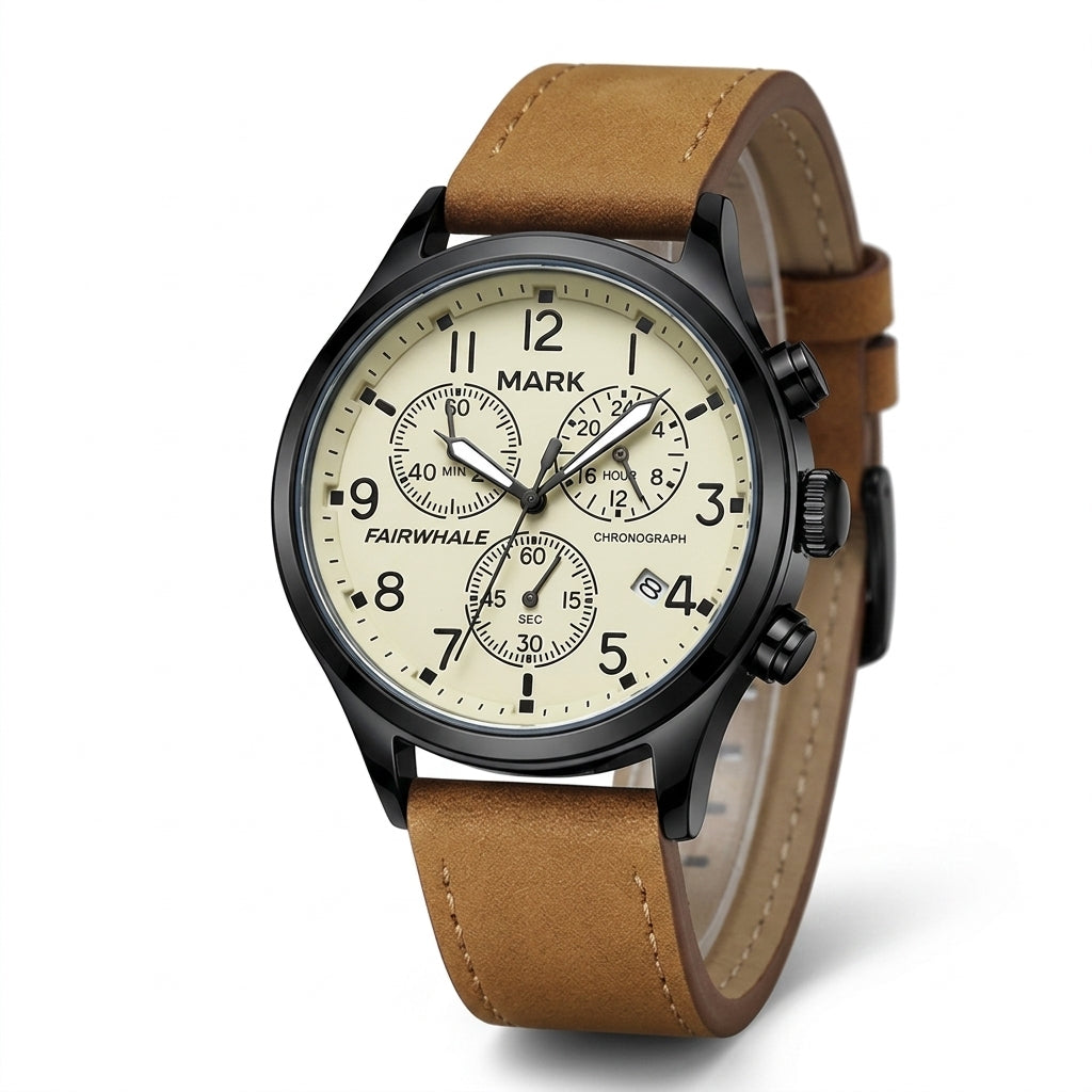 Watch with brown leather strap and cream face on white background