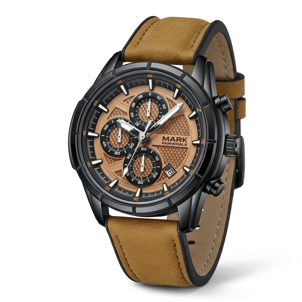 Watch with brown leather strap and detailed face on a white background