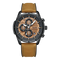 Watch with brown leather strap and detailed face on a white background