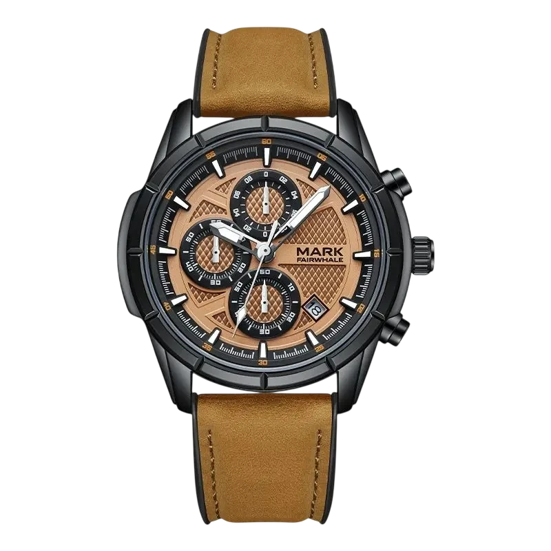 Watch with brown leather strap and detailed face on a white background
