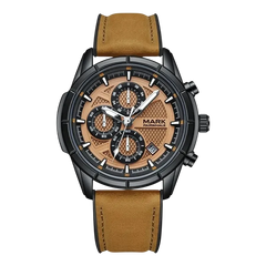 Watch with brown leather strap and detailed face on a white background