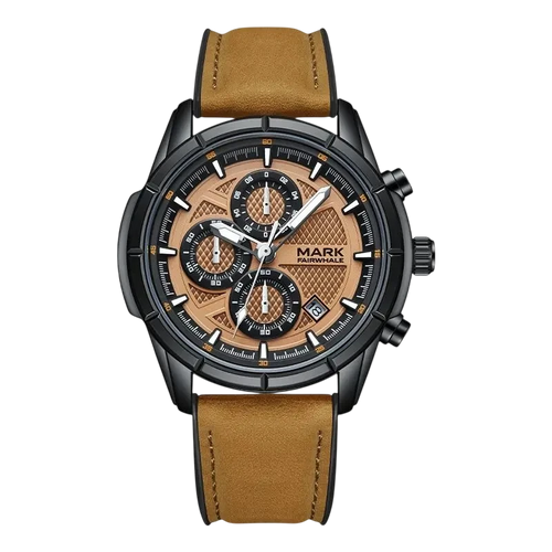 Watch with brown leather strap and detailed face on a white background