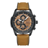 Watch with brown leather strap and detailed face on a white background