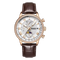 Watch with brown leather strap and detailed face on a white background