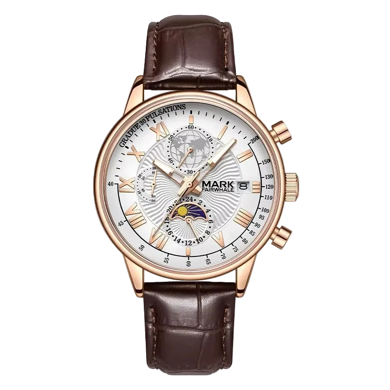 Watch with brown leather strap and detailed face on a white background