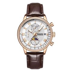 Watch with brown leather strap and detailed face on a white background
