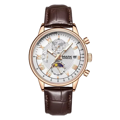 Watch with brown leather strap and detailed face on a white background
