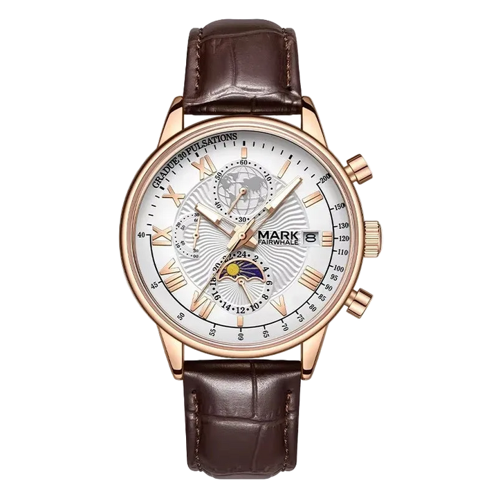 Watch with brown leather strap and detailed face on a white background