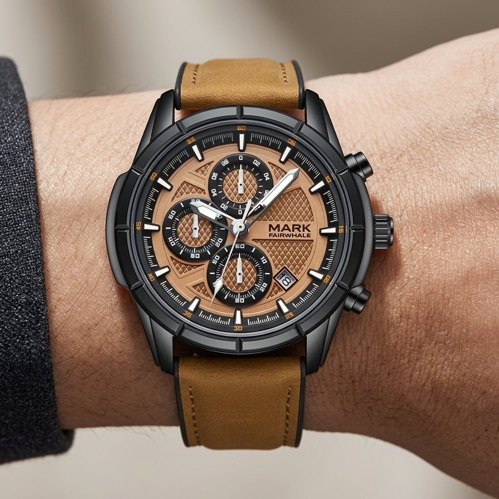 Watch with brown leather strap and detailed face on wrist against a neutral background
