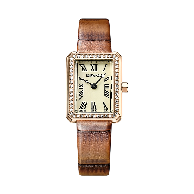 Watch with brown leather strap and gold case on a white background