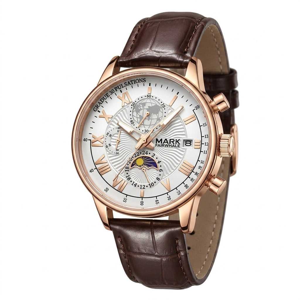 Watch with brown leather strap and rose gold case on white background