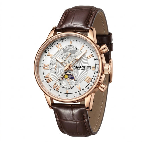 Watch with brown leather strap and rose gold case on white background
