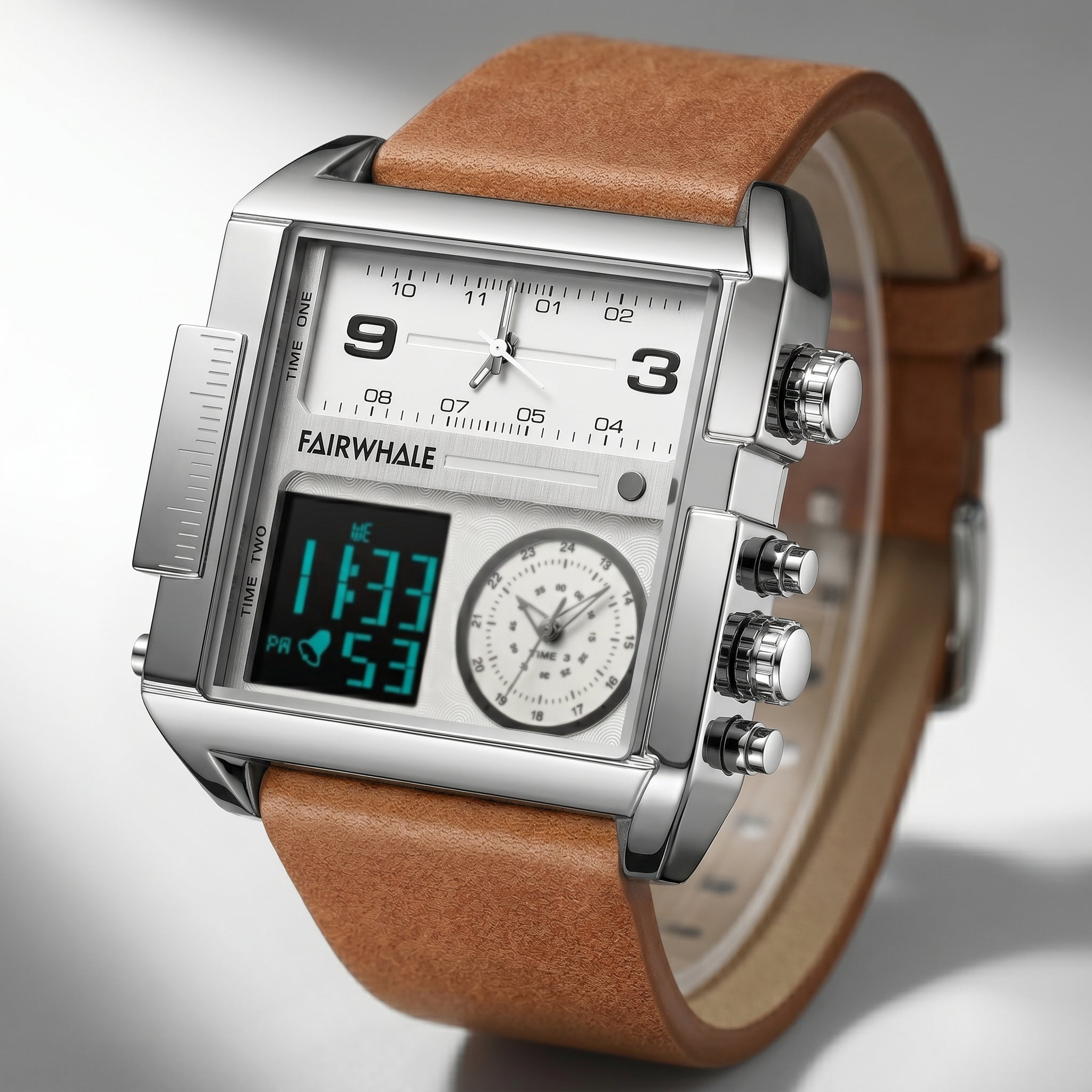 Watch with brown leather strap and silver case on a light gray background