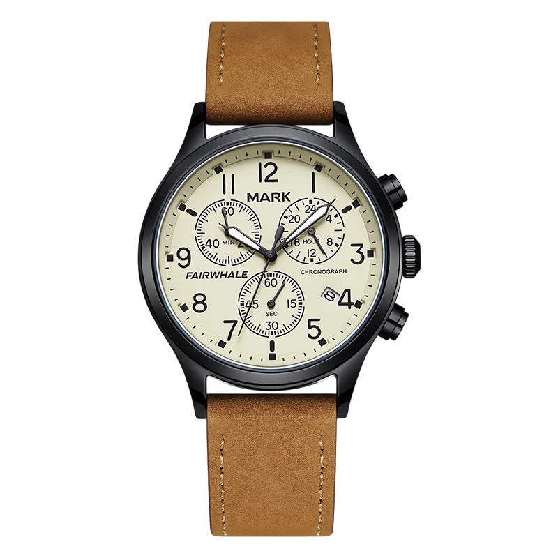 Watch with brown strap and cream face on white background