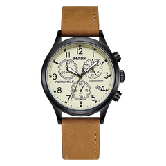Watch with brown strap and cream face on white background