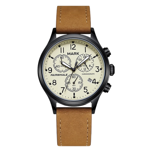 Watch with brown strap and cream face on white background
