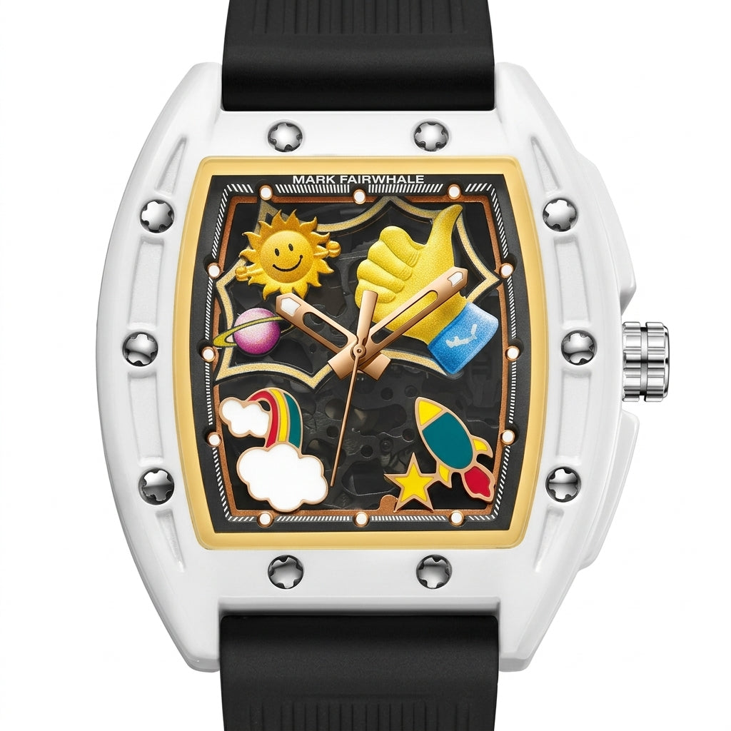 Watch with colorful cartoon-style face on a white background